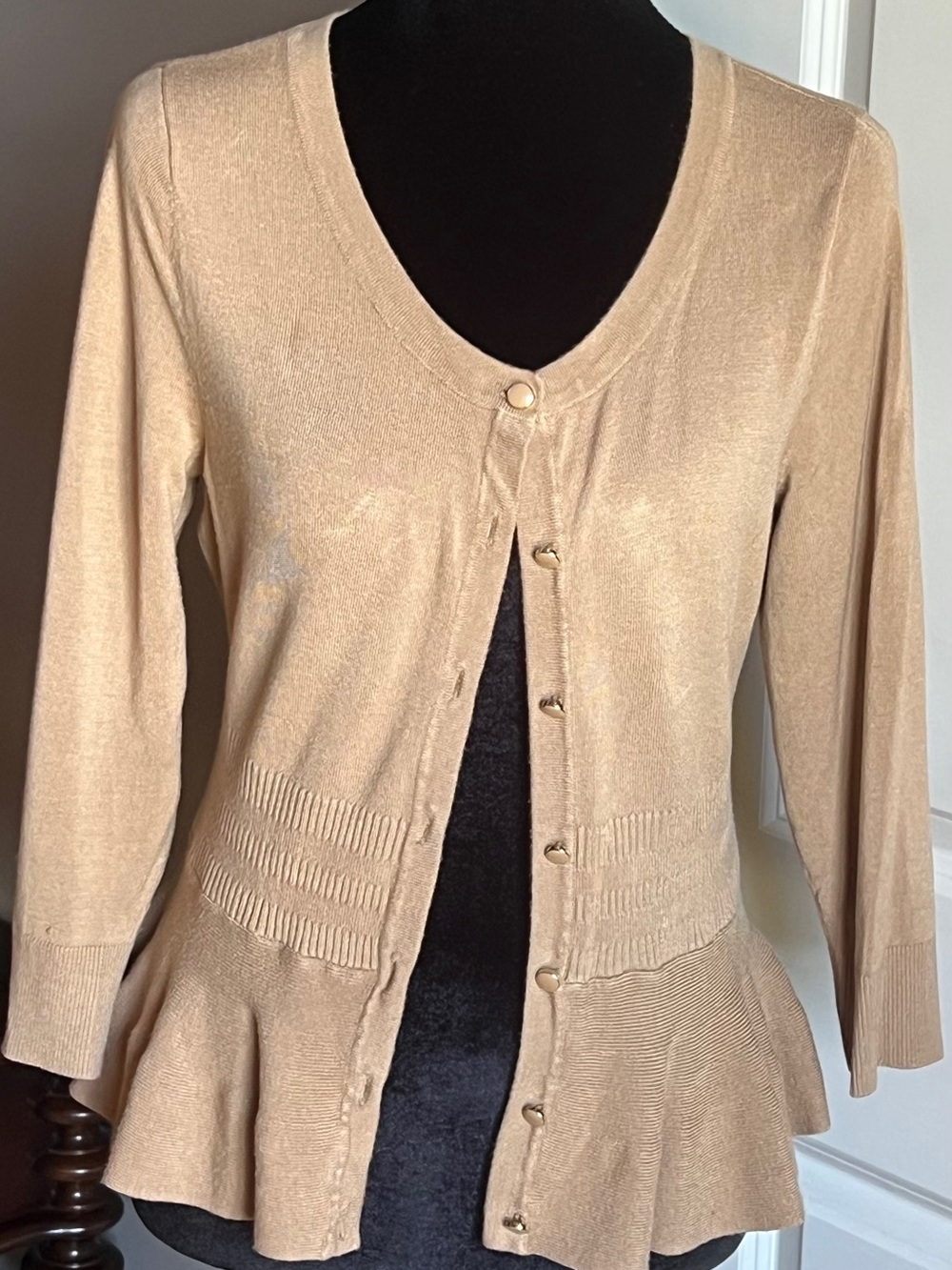 New York & Company Cream Ruffle-Hem Button Cardigan